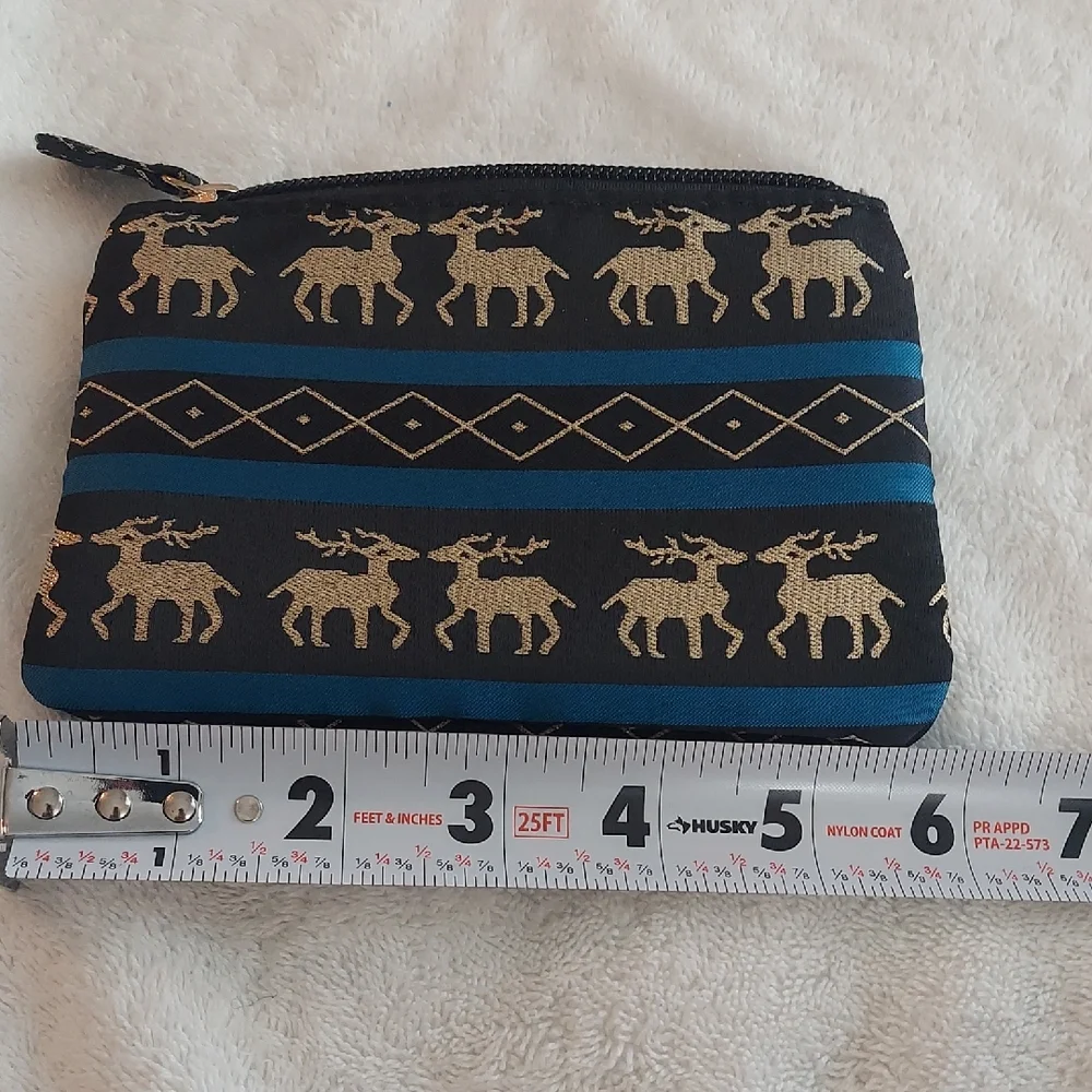 NWOT Black & Gold Reindeer Pattern Mini Pouch / Coin Purse - Christmas / Holiday
